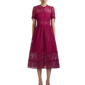 Self Portrait Burgundy Lace Midi Dress US 6 Short Sleeve A Line